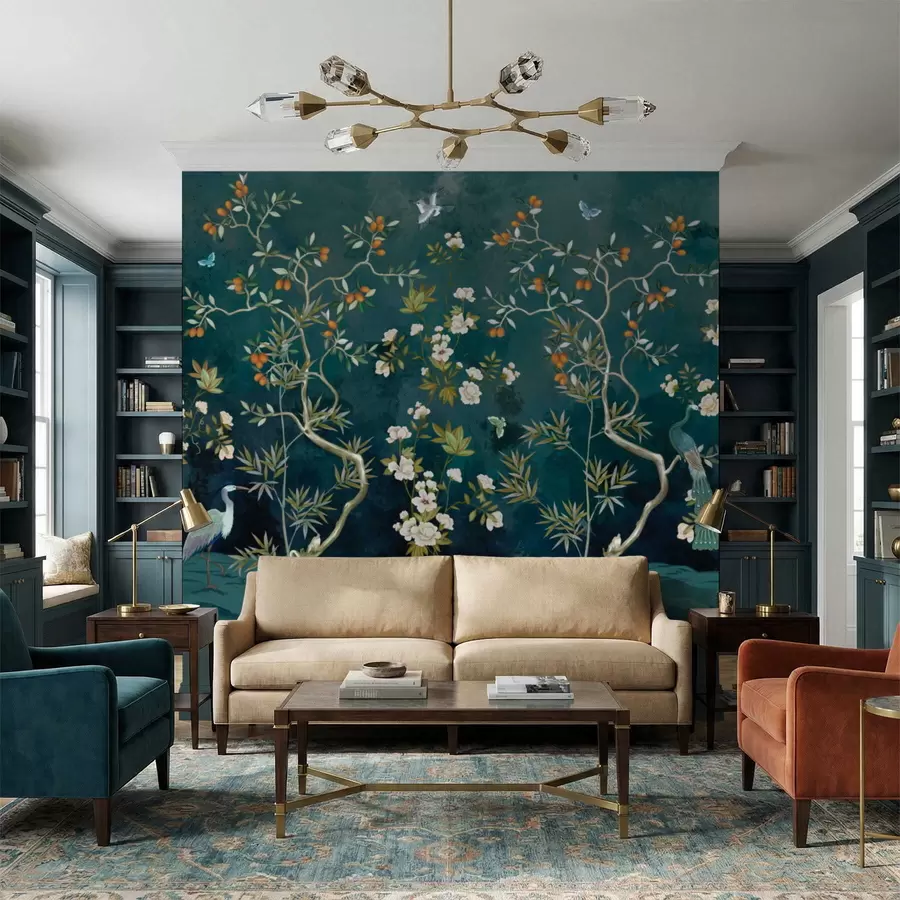 Papier peint photo Scène décorative avec des arbres, des fleurs et des oiseaux sur fond sombre w05004