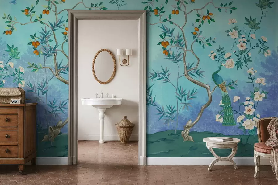 Fotobehang Scène met bomen, bloemen en vogels, blauwe achtergrond w05004v2