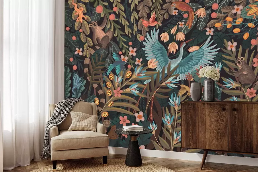 Papier peint photo Scène fantastique avec des oiseaux et des animaux parmi les plantes w05024