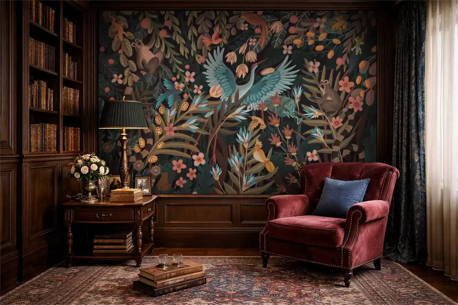 Papier peint photo Scène fantastique avec des oiseaux et des animaux parmi les plantes w05024