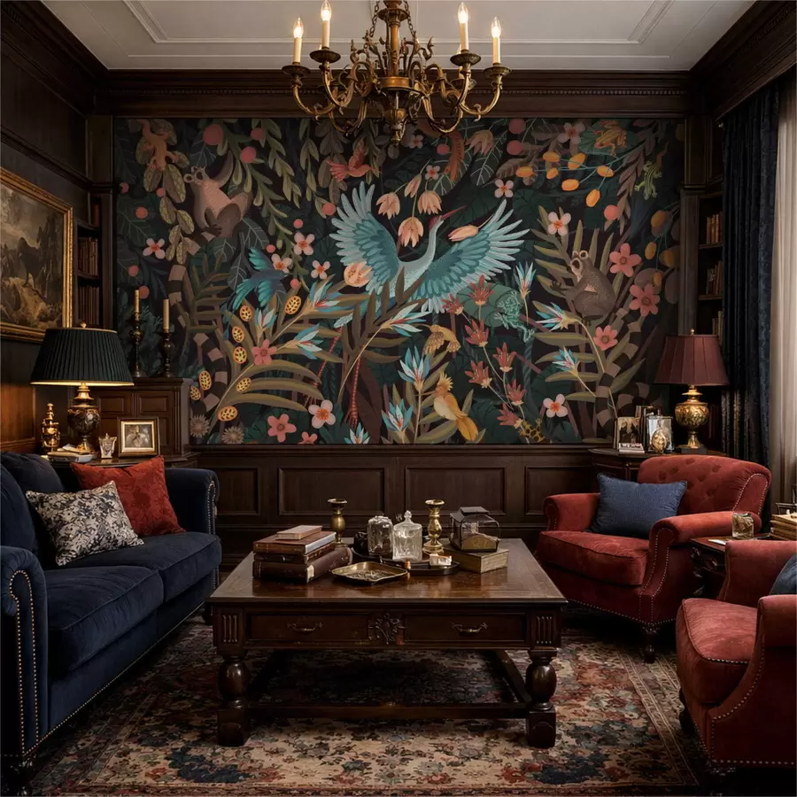 Papier peint photo Scène fantastique avec des oiseaux et des animaux parmi les plantes w05024