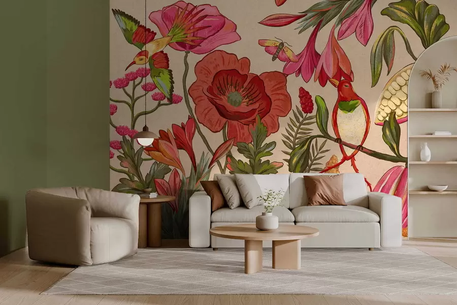 Papier peint photo Fleurs et oiseaux décoratifs sur fond beige w05036