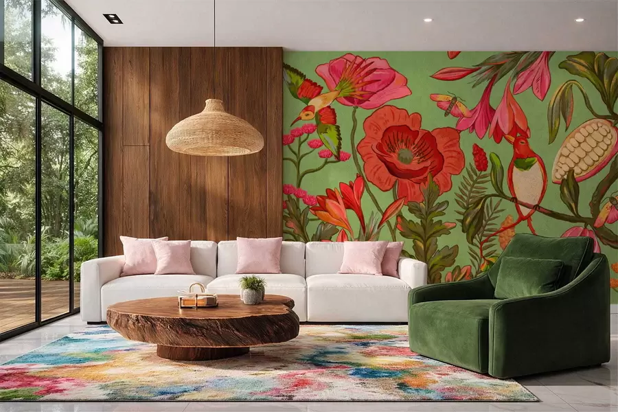 Fotobehang Decoratieve bloemen en vogels op groene achtergrond w05036v1