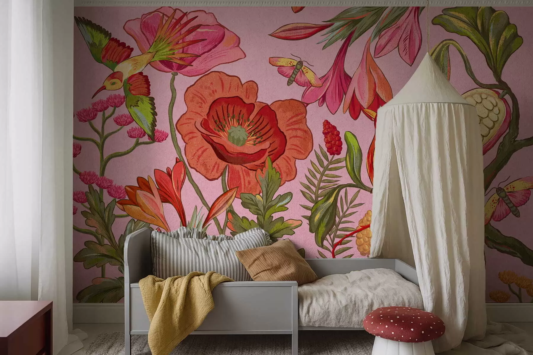 Fotobehang Decoratieve bloemen en vogels op roze achtergrond w05036v2