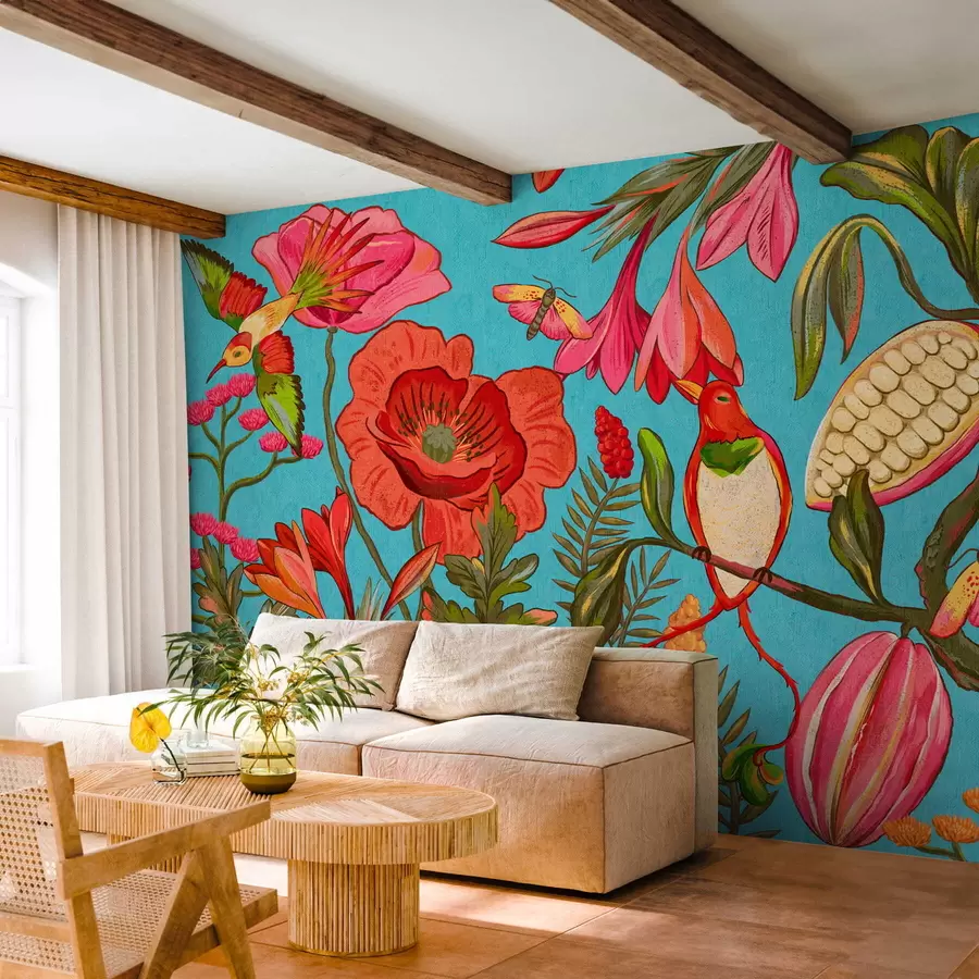 Fotobehang Decoratieve bloemen en vogels op blauwe achtergrond w05036v3