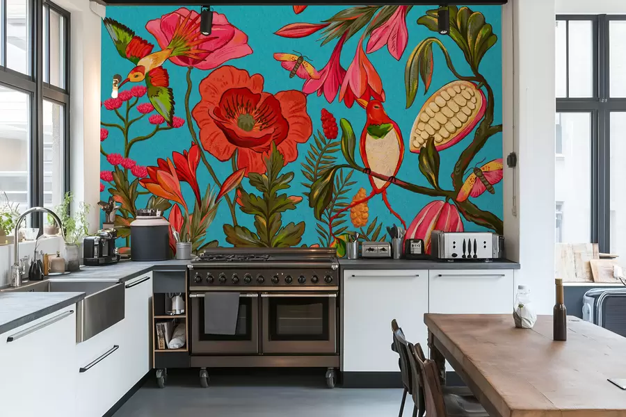 Papier peint photo Fleurs et oiseaux décoratifs sur fond bleu w05036v3