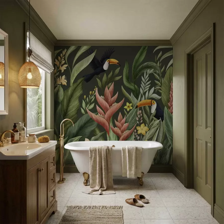 Papier peint photo Feuillage tropical et oiseaux à long bec sur fond sombre w05088