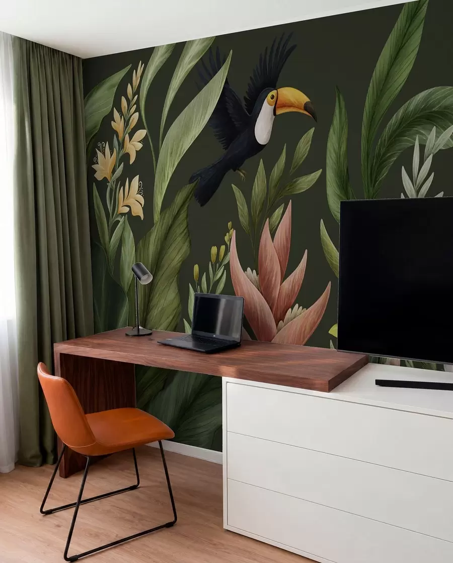 Fotobehang Tropisch gebladerte en vogels met grote snavels op donkere achtergrond w05088