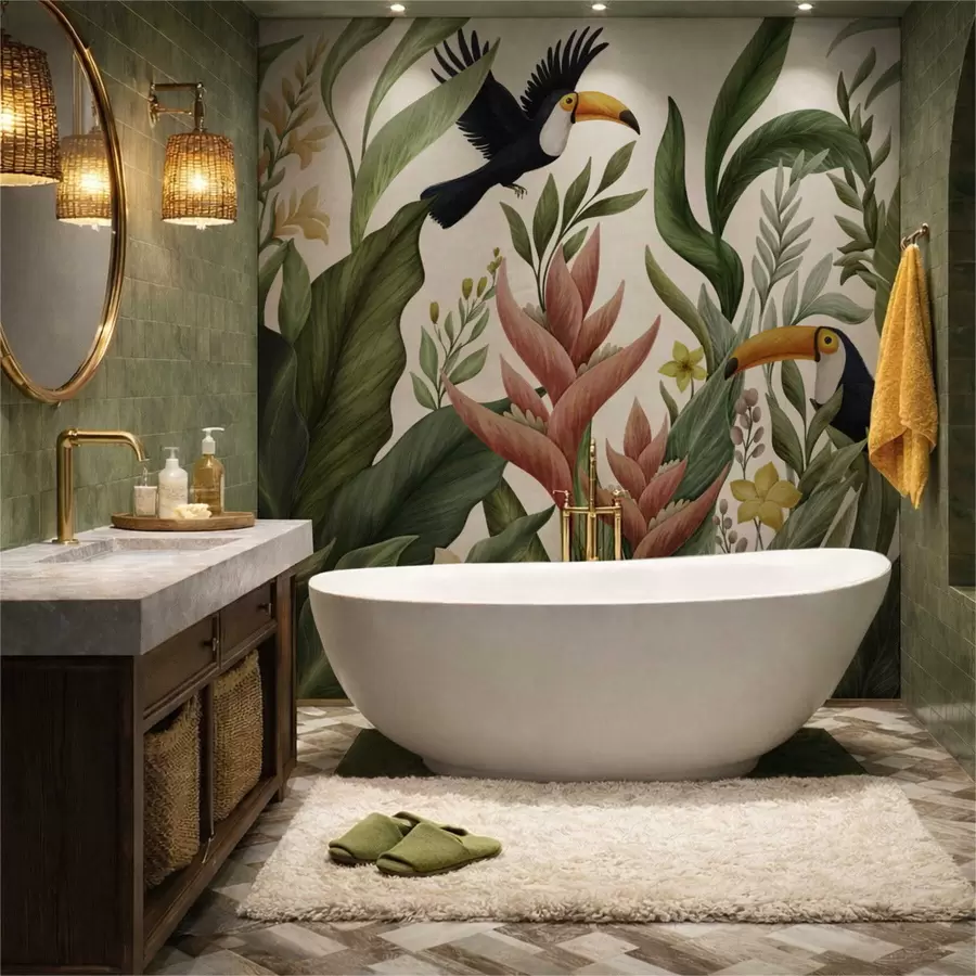 Fotobehang Tropische planten en vogels met grote snavels op lichte achtergrond w05088v1