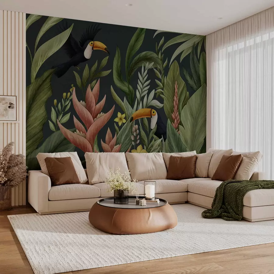 Fotobehang Tropische planten en vogels met grote snavels op donkere achtergrond w05088v2