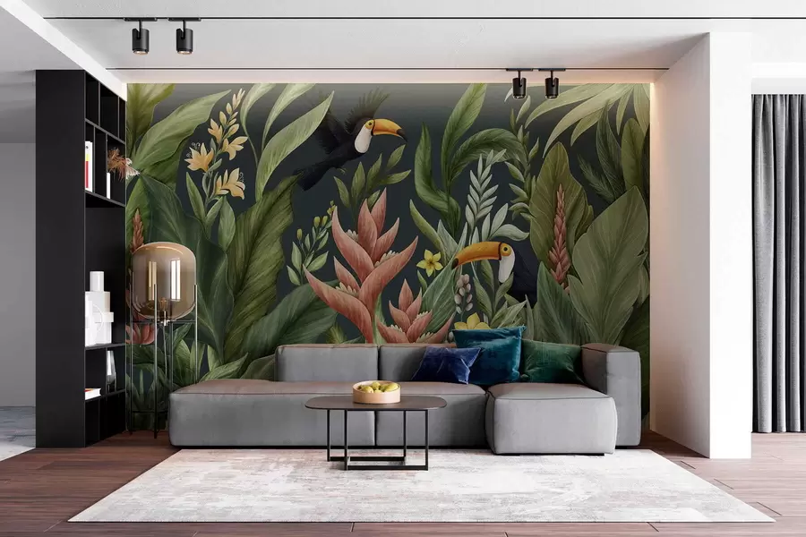 Fotobehang Tropische planten en vogels met grote snavels op donkere achtergrond w05088v2