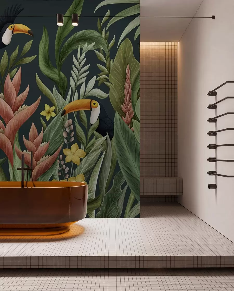 Fotobehang Tropische planten en vogels met grote snavels op donkere achtergrond w05088v2