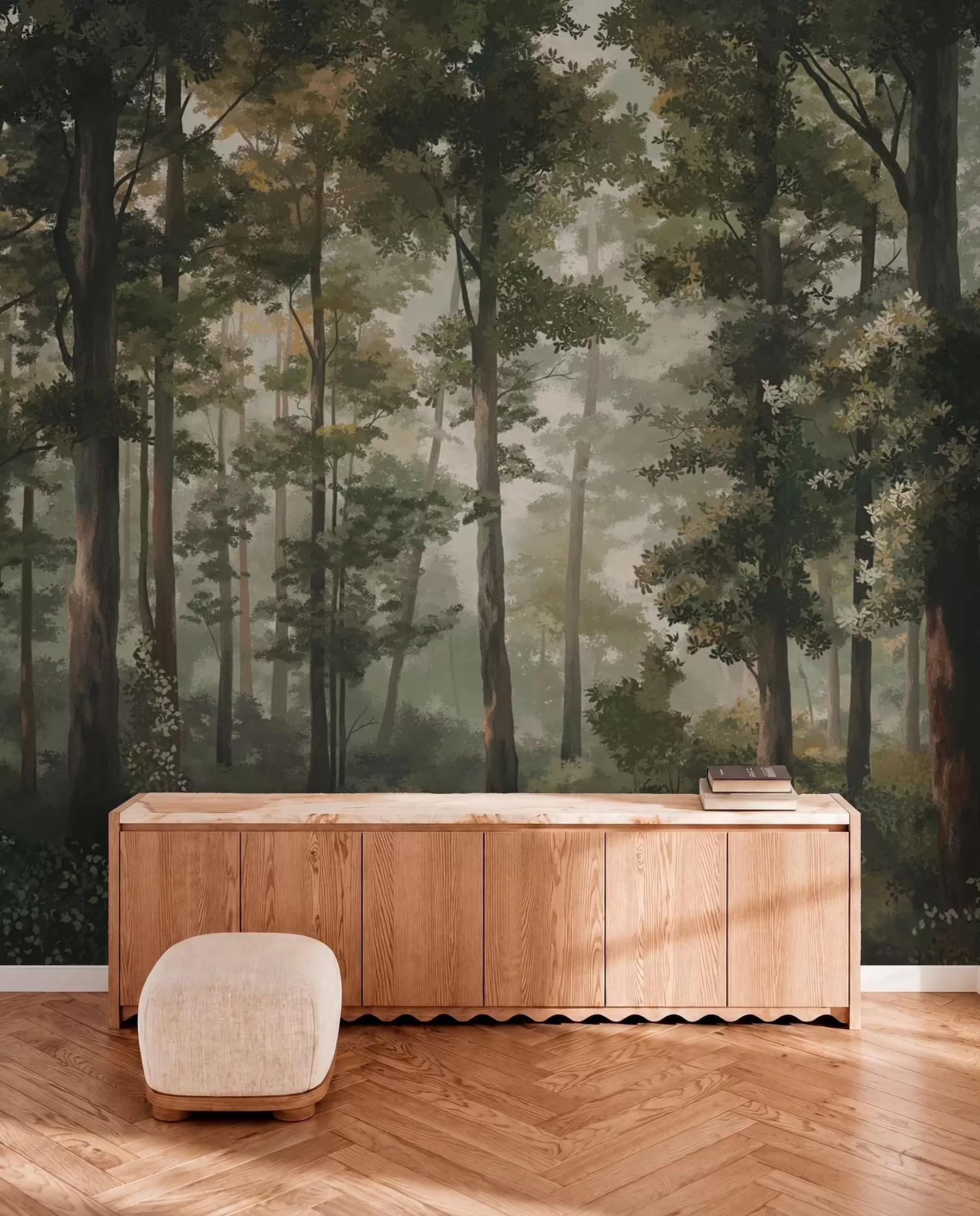 Fotobehang Bosillustratie met mist, hoge bomen en een pad w05089