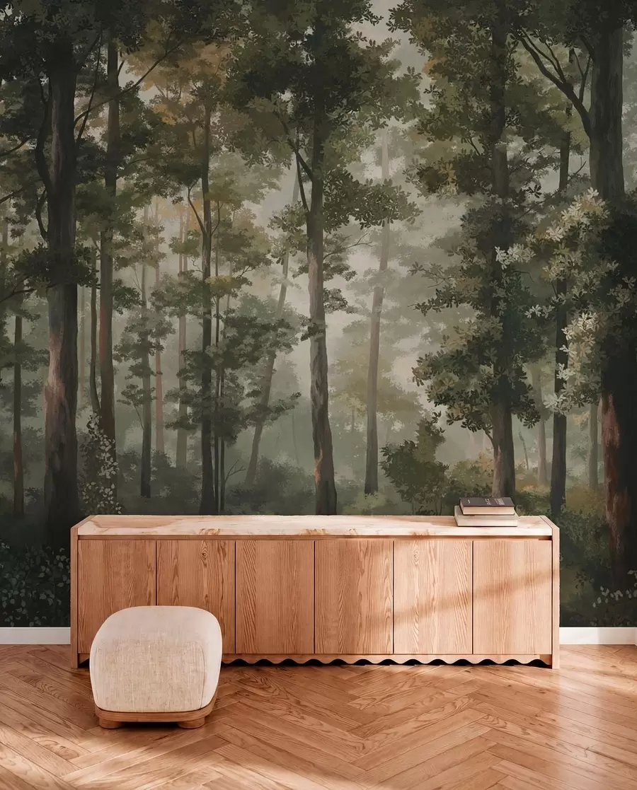 Fotobehang Bosillustratie met mist, hoge bomen en een pad w05089