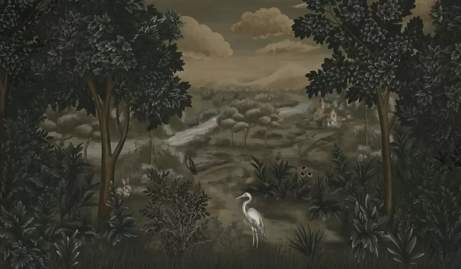 Fotobehang Fantasielandschap met rivier, huis en vogels tussen bomen w05090