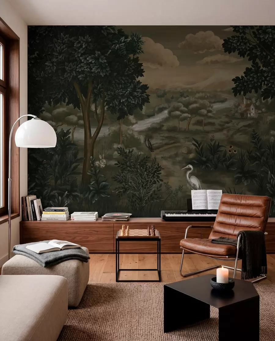 Fotobehang Fantasielandschap met rivier, huis en vogels tussen bomen w05090