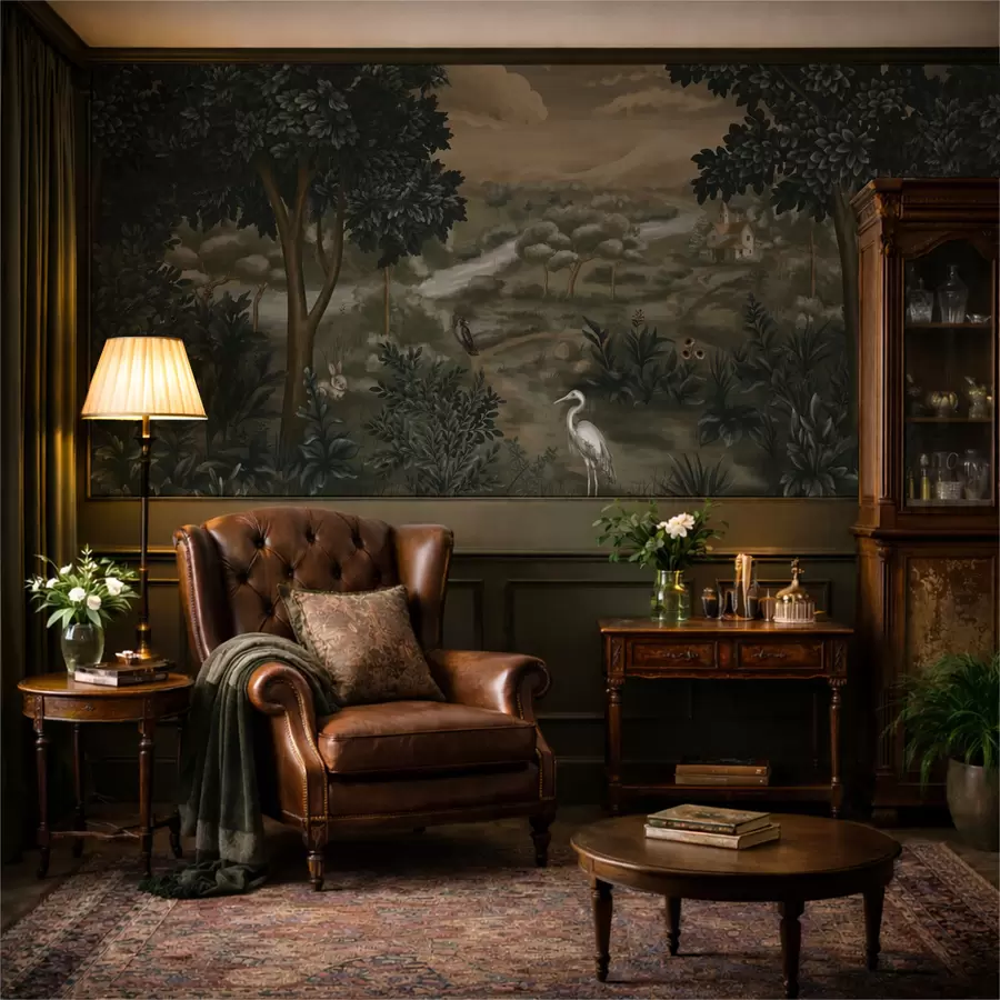 Fotobehang Fantasielandschap met rivier, huis en vogels tussen bomen w05090