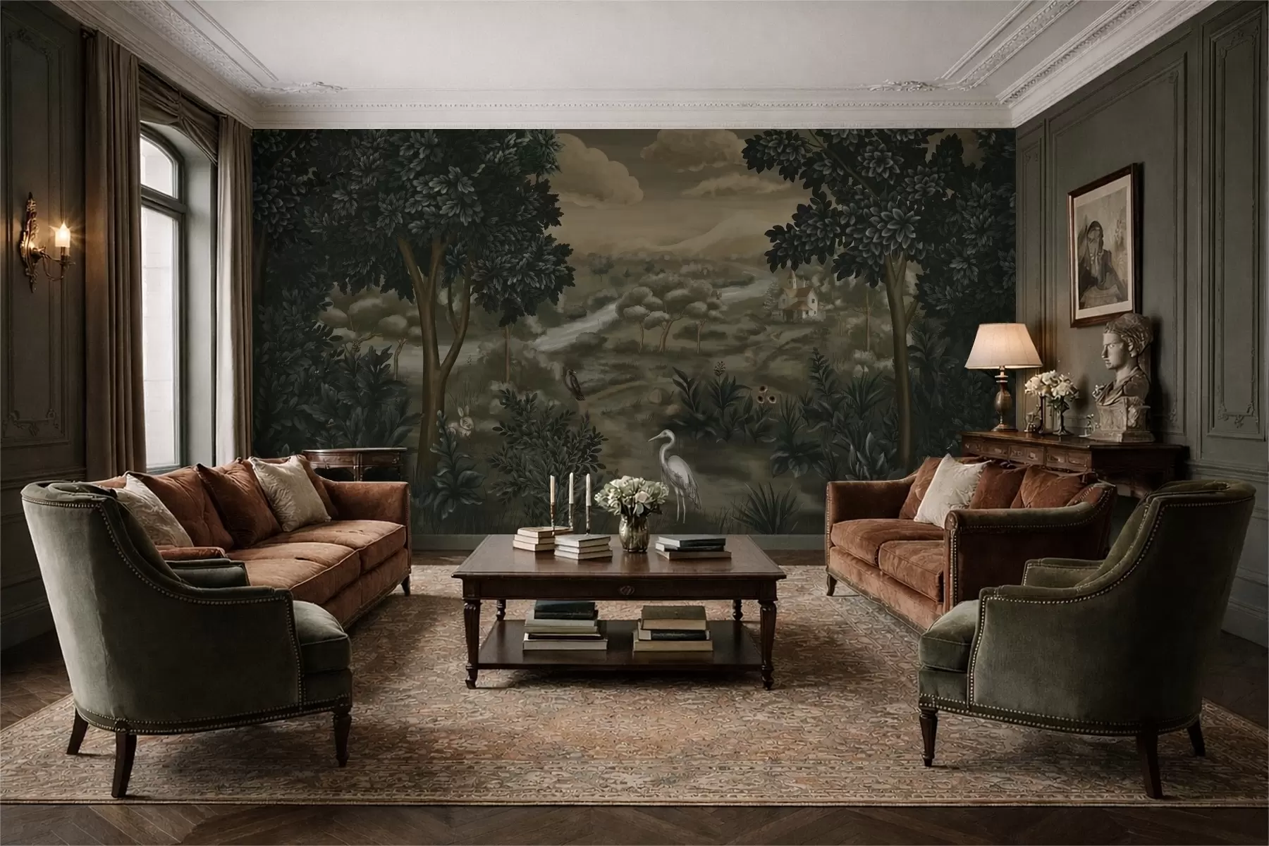 Fotobehang Fantasielandschap met rivier, huis en vogels tussen bomen w05090