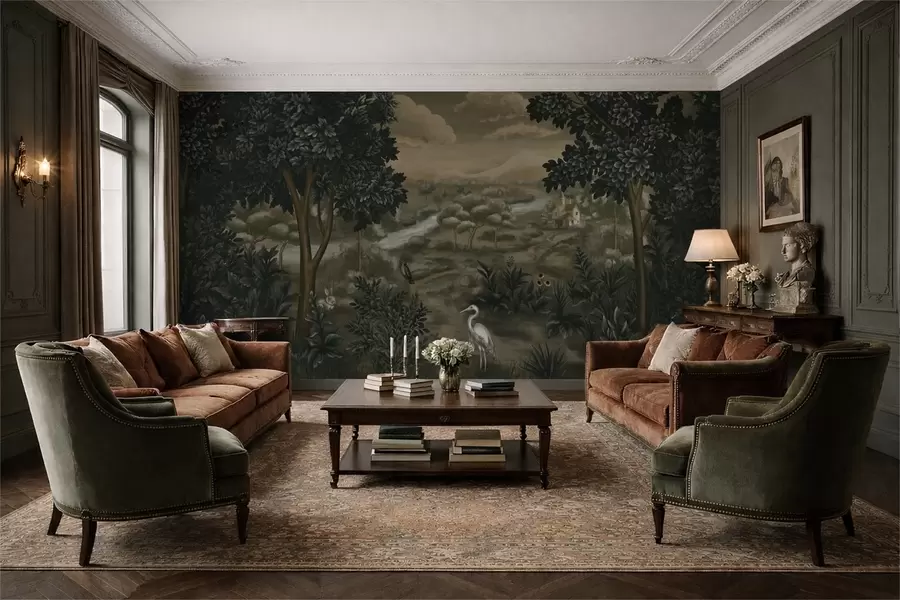 Papier peint photo Paysage fantastique avec rivière, maison et oiseaux parmi les arbres w05090