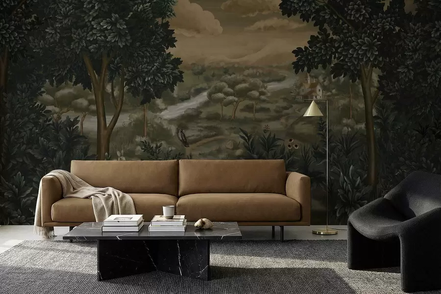 Papier peint photo Paysage fantastique avec rivière, maison et oiseaux parmi les arbres w05090