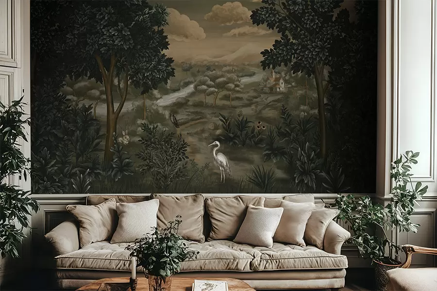 Papier peint photo Paysage fantastique avec rivière, maison et oiseaux parmi les arbres w05090