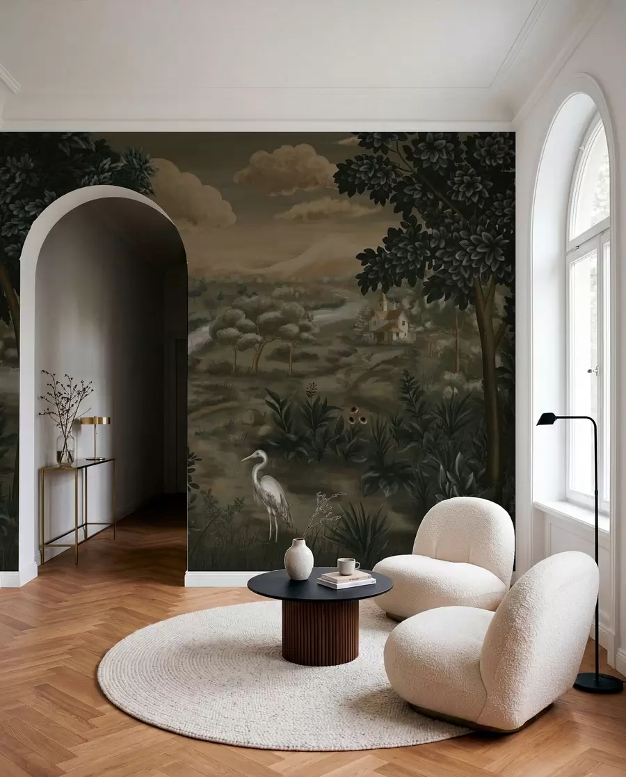 Fotobehang Fantasielandschap met rivier, huis en vogels tussen bomen w05090