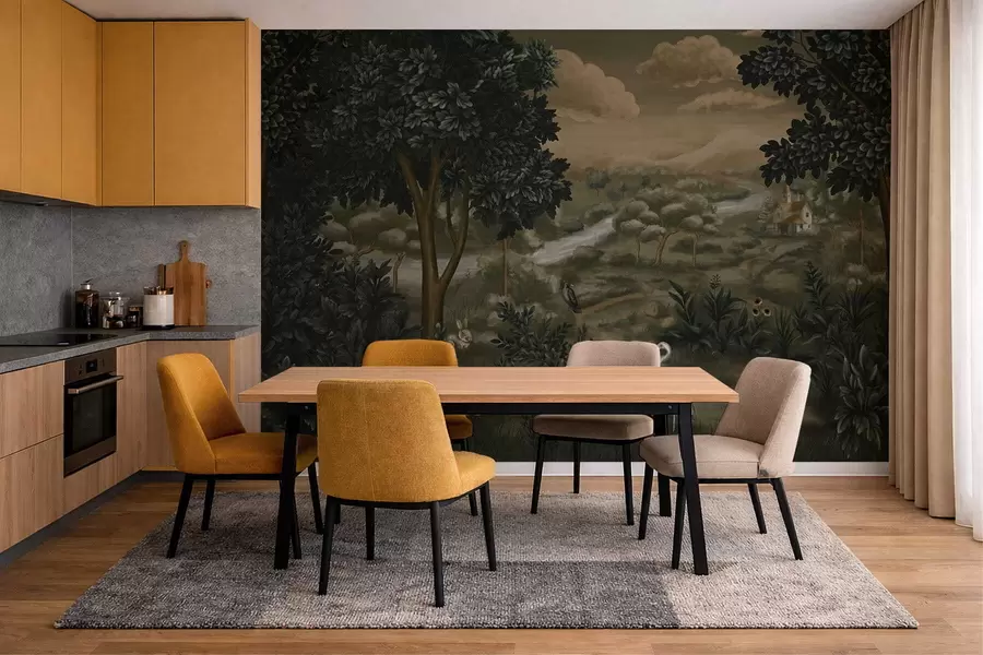 Fotobehang Fantasielandschap met rivier, huis en vogels tussen bomen w05090