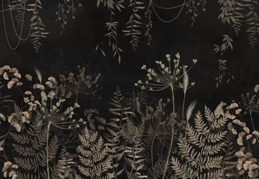 Papier peint photo Motif botanique sombre avec des fleurs et des feuilles w05092