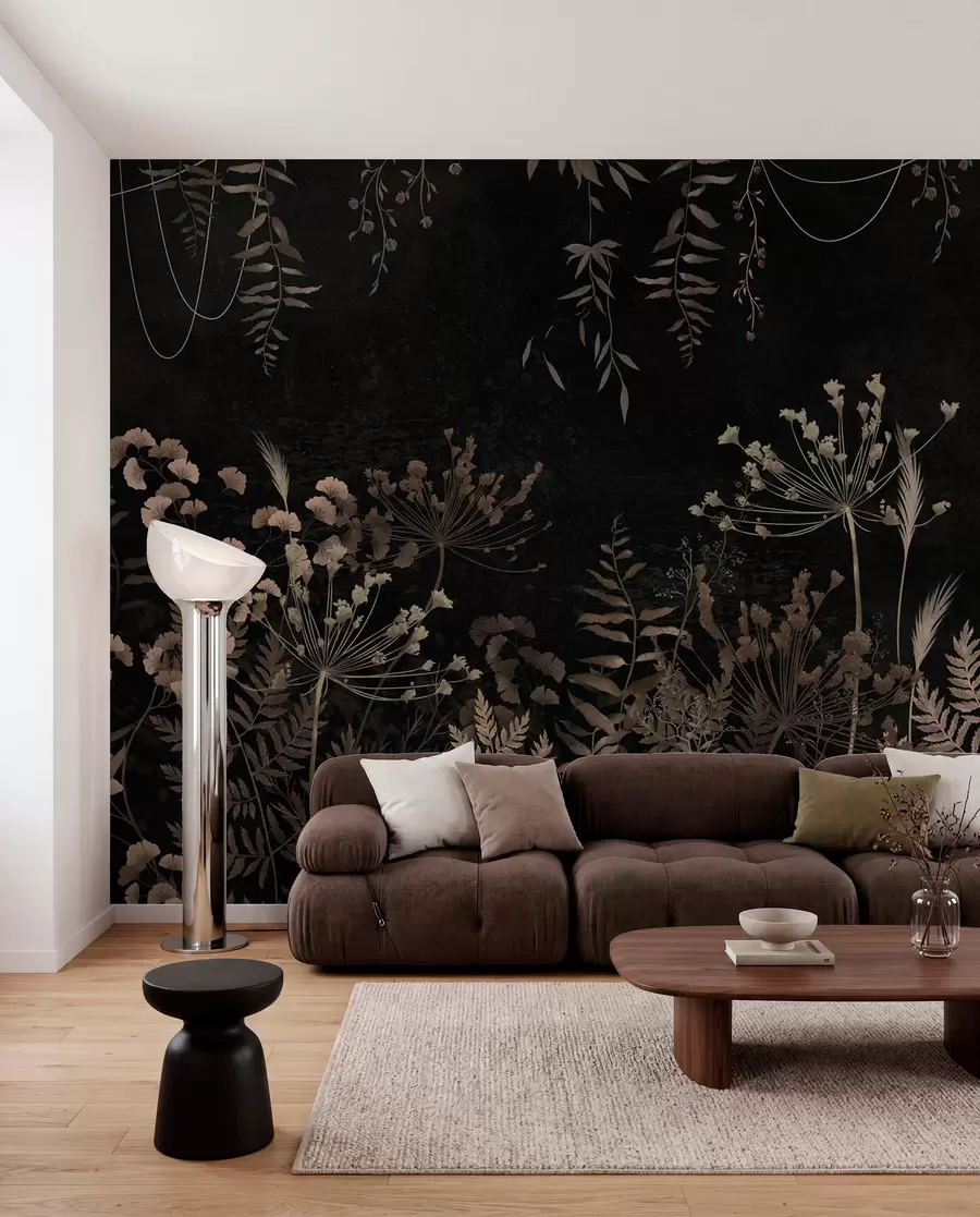 Fotobehang Donker botanisch patroon met bloemen en bladeren w05092