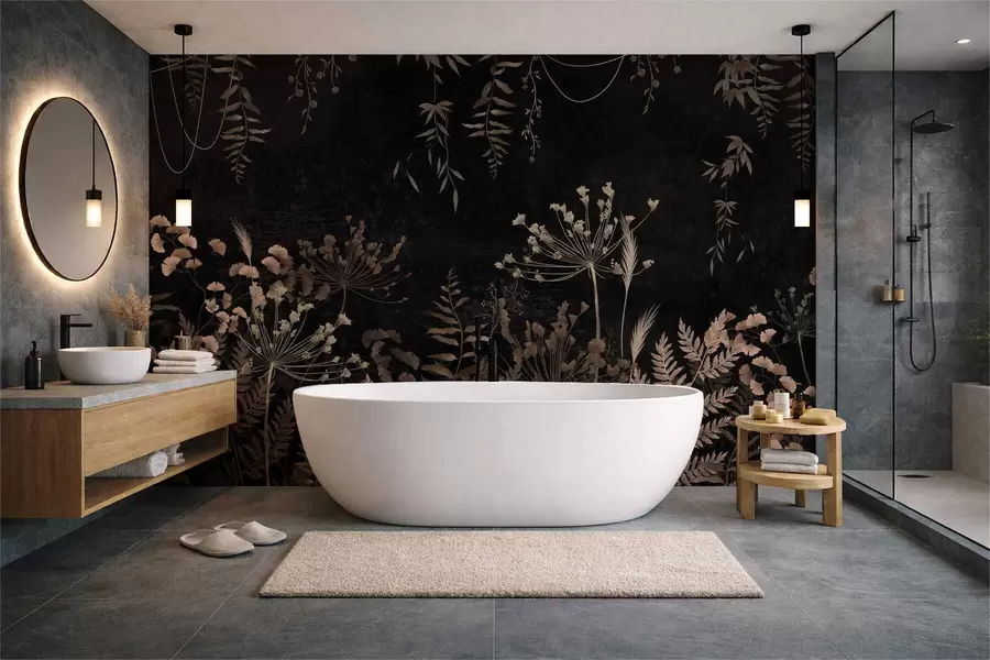 Papier peint photo Motif botanique sombre avec des fleurs et des feuilles w05092