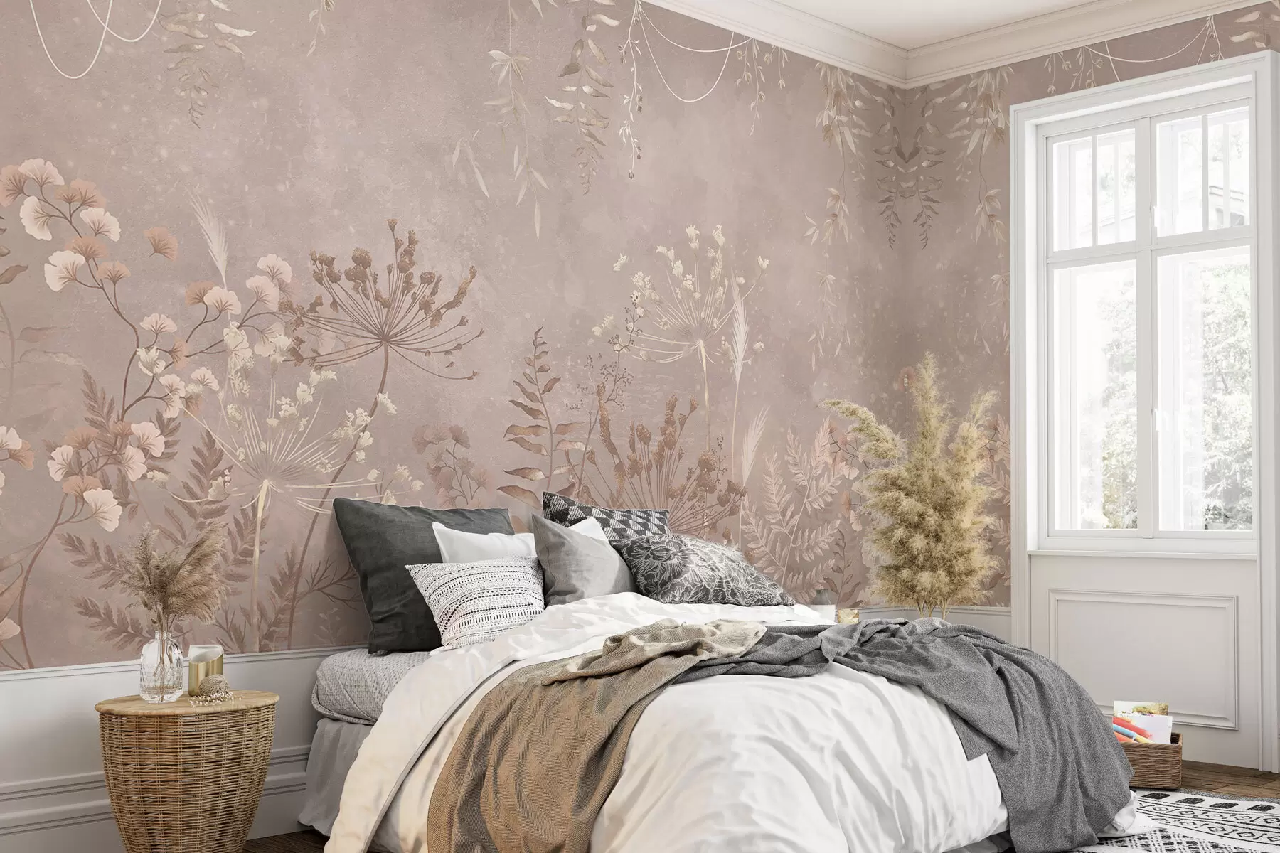 Fotobehang Zacht beige botanisch patroon met wilde bloemen w05092v2