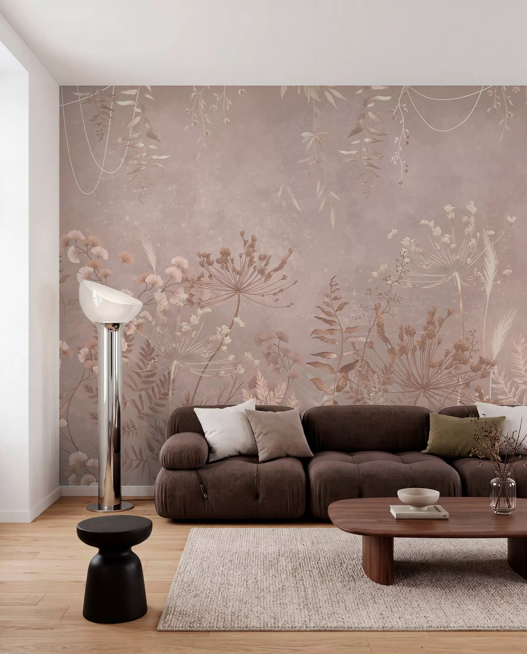 Fotobehang Zacht beige botanisch patroon met wilde bloemen w05092v2