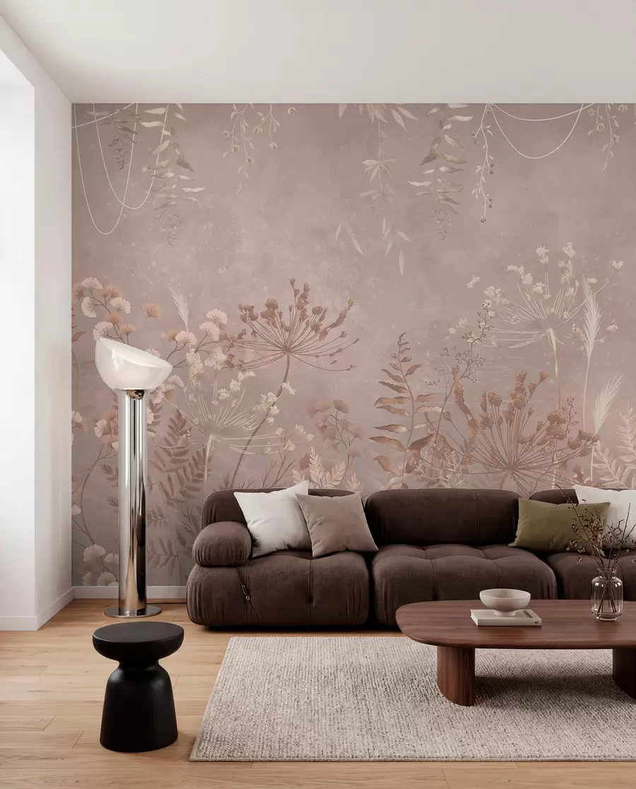Fotobehang Zacht beige botanisch patroon met wilde bloemen w05092v2
