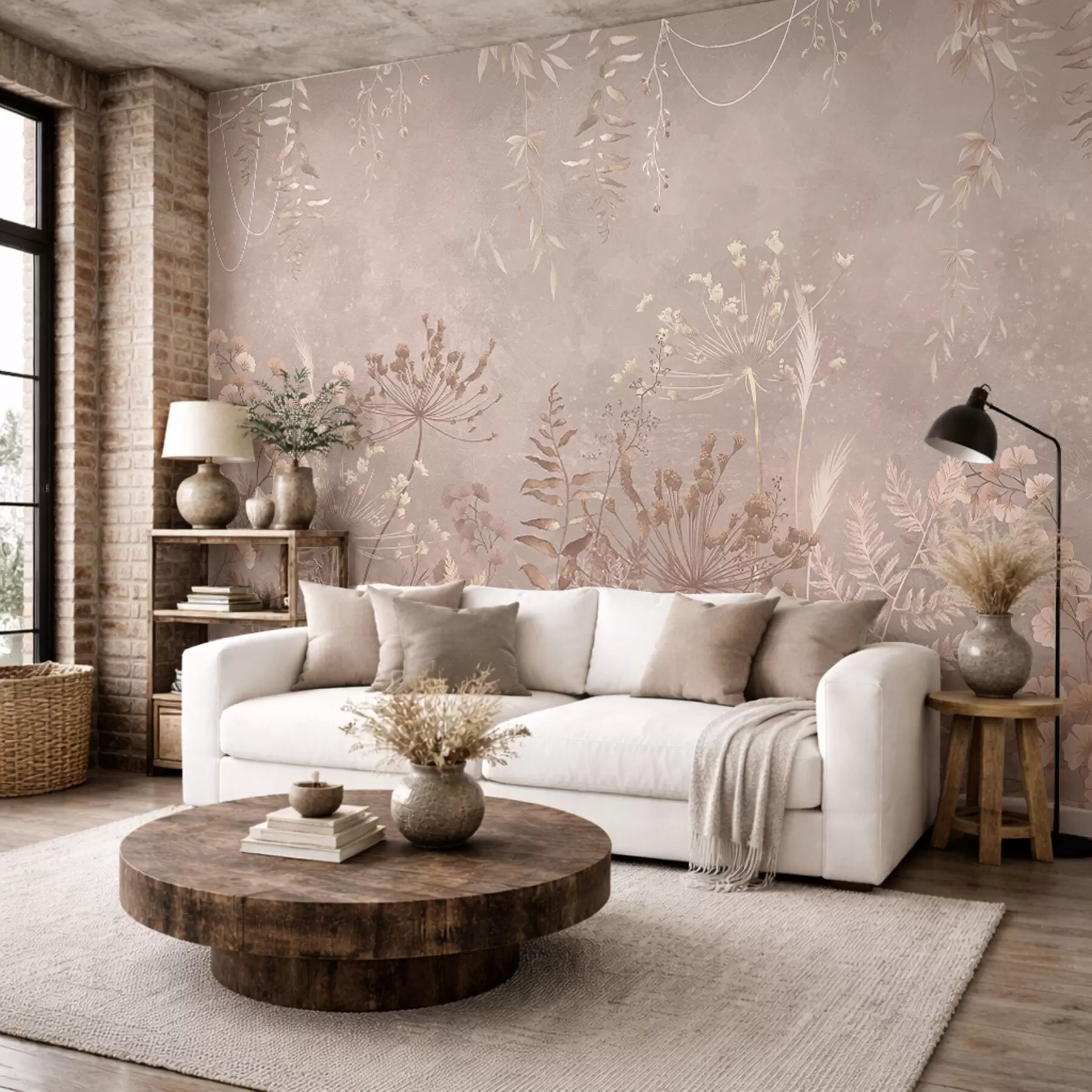 Fotobehang Zacht beige botanisch patroon met wilde bloemen w05092v2