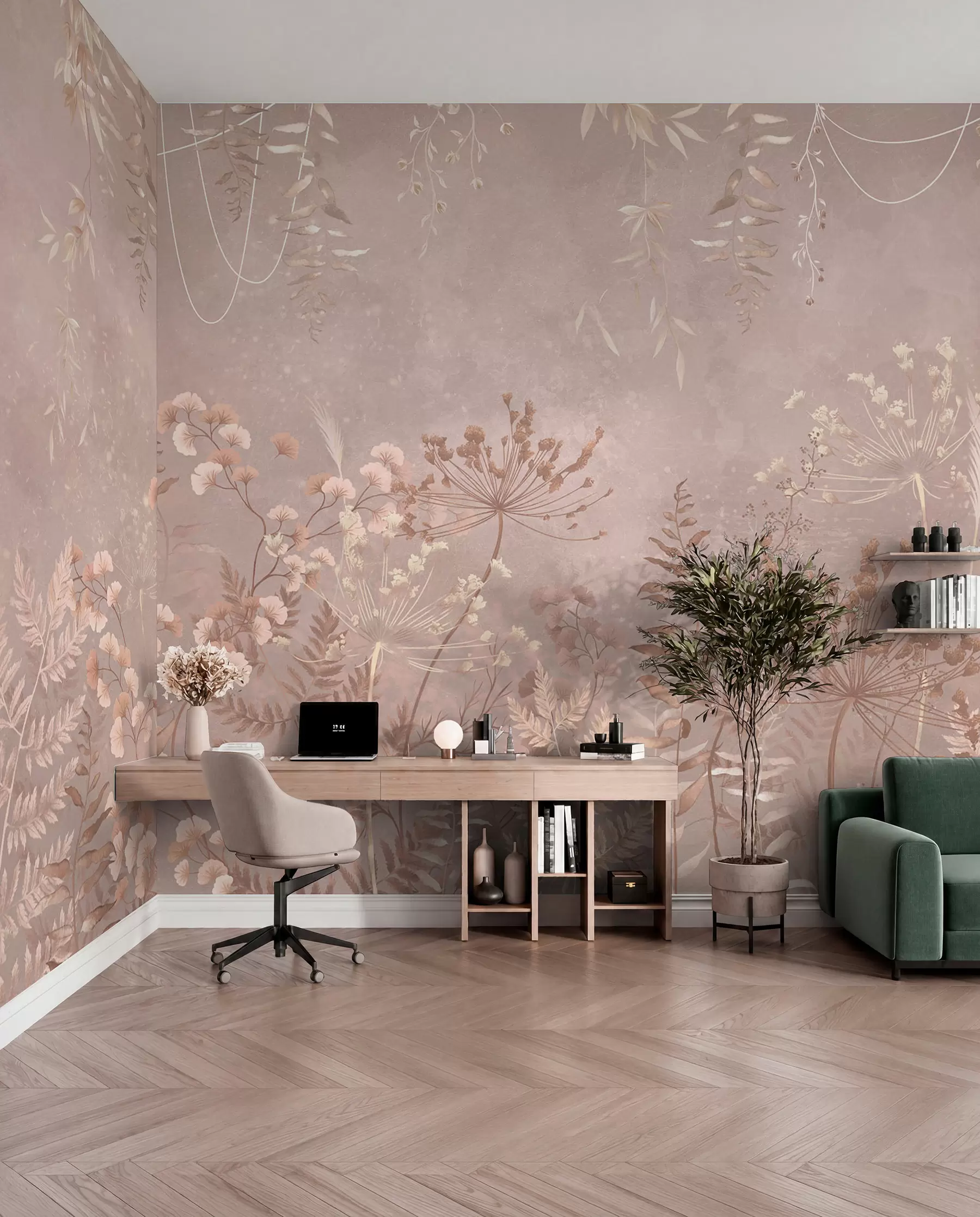 Fotobehang Zacht beige botanisch patroon met wilde bloemen w05092v2