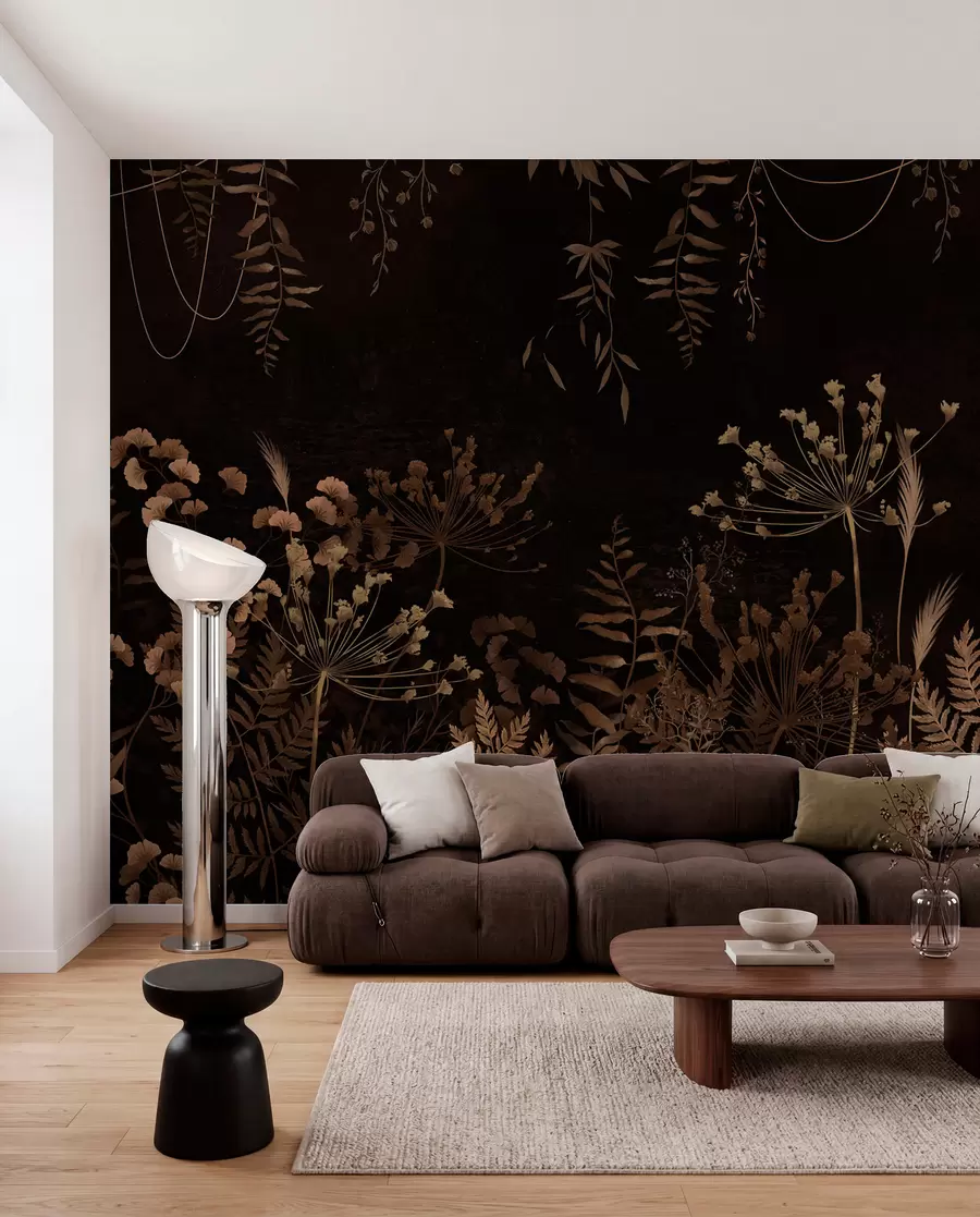 Fotobehang Donker botanisch patroon met bloemen en grassen w05092v3