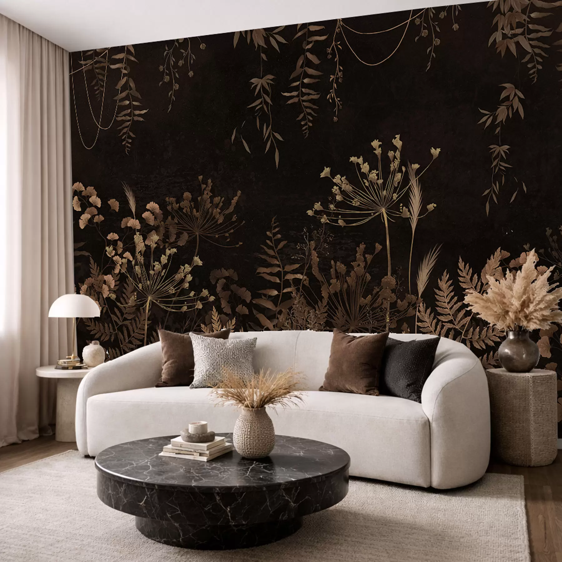 Fotobehang Donker botanisch patroon met bloemen en grassen w05092v3