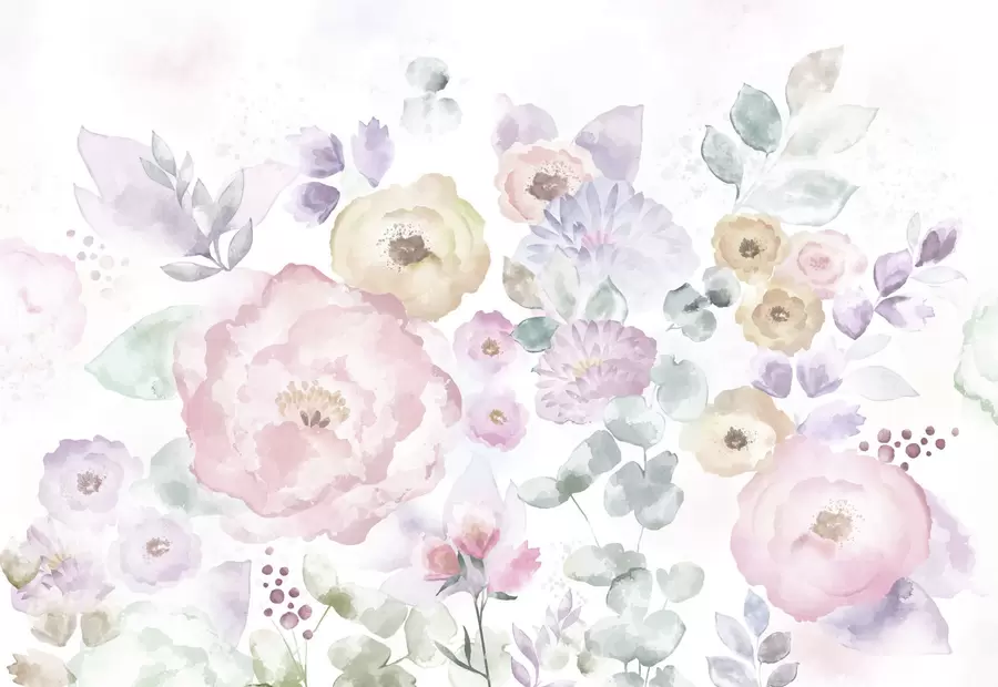 Papier peint photo Composition douce à l'aquarelle avec des fleurs et des feuilles w05093