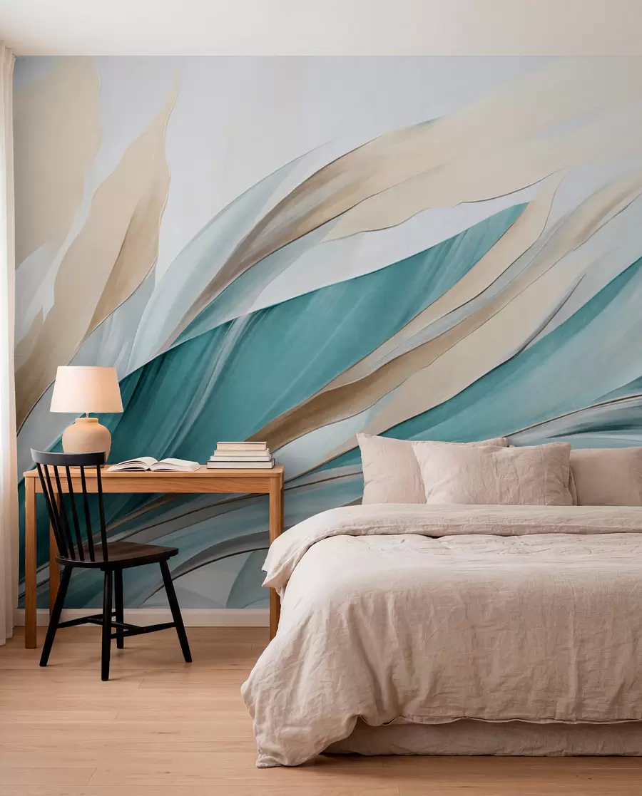 Papier peint photo Vagues abstraites fluides bleu sarcelle et jaunes, avec des formes et des lignes fines, sur fond blanc, art texturé w09585