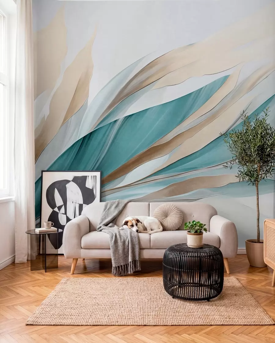 Fotobehang Abstracte golvende golven van blauwgroen en geel, met dunne vormen en lijnen, tegen een witte achtergrond, kunst met textuur w09585