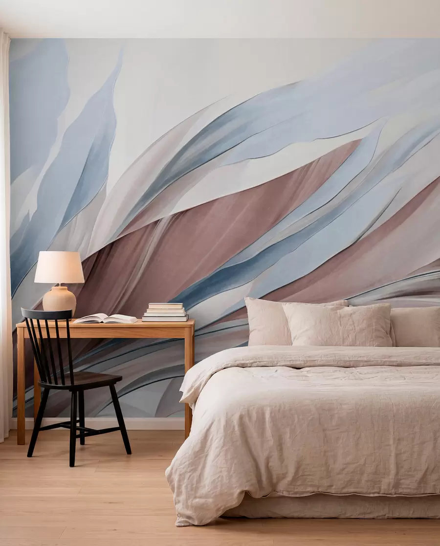Papier peint photo Vagues abstraites bleues et brunes, avec des formes et des lignes fines, sur fond blanc, art texturé w09585v1