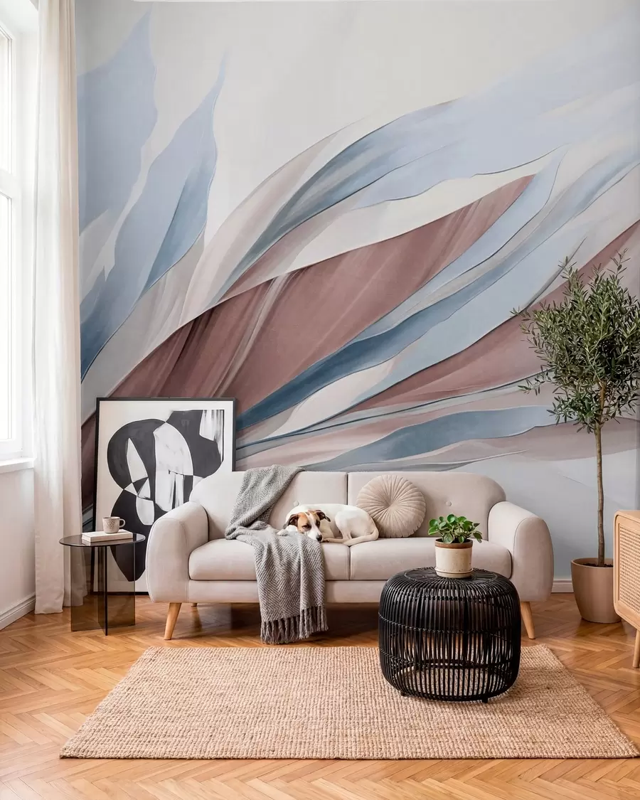 Papier peint photo Vagues abstraites bleues et brunes, avec des formes et des lignes fines, sur fond blanc, art texturé w09585v1