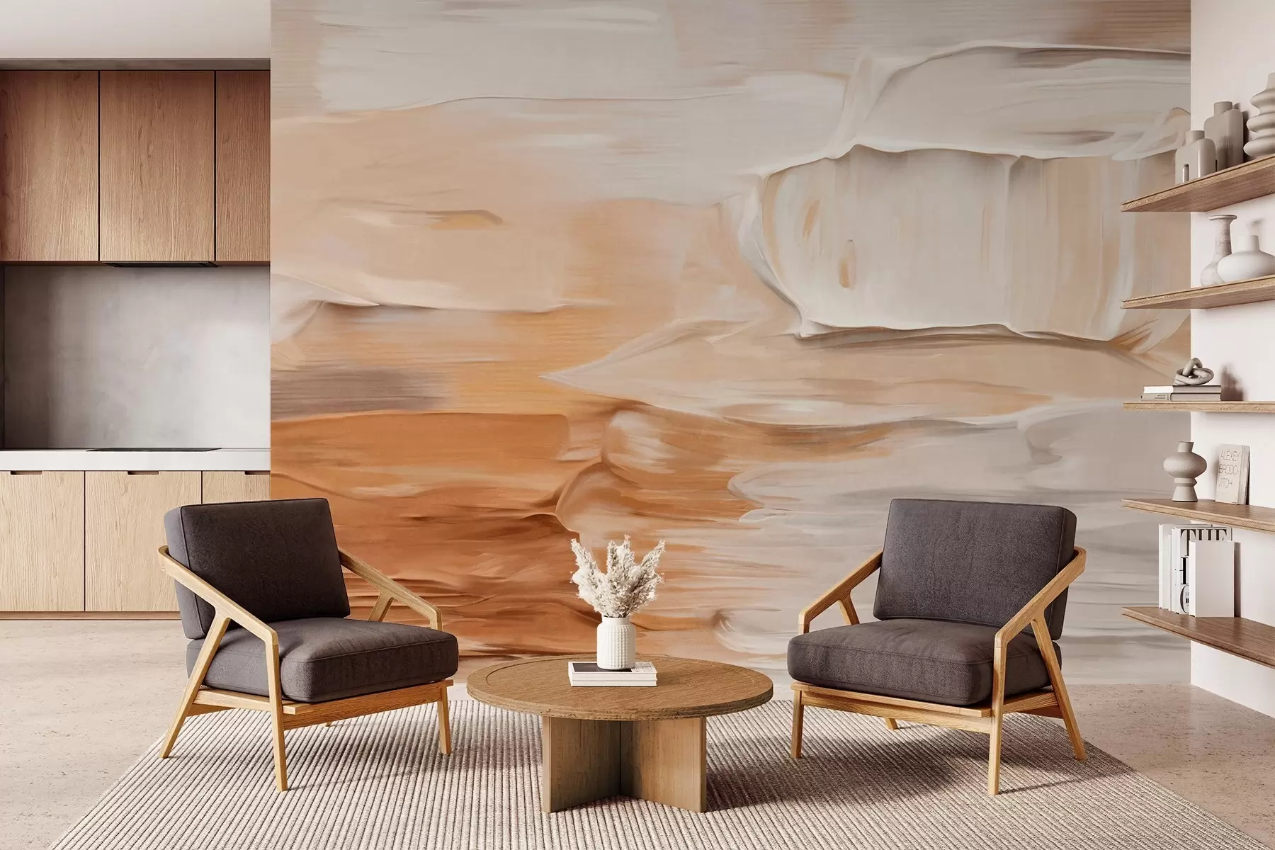 Papier peint photo Imitation de coups de pinceau abstraits texturés dans des tons chauds et terreux de beige, crème et marron, art moderne w09588