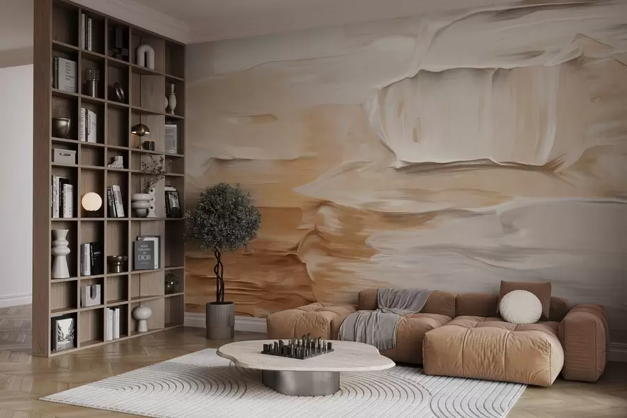 Fotobehang Abstracte imitatie van getextureerde penseelstreken in warme aardetinten van beige, crème en bruin, moderne kunst w09588