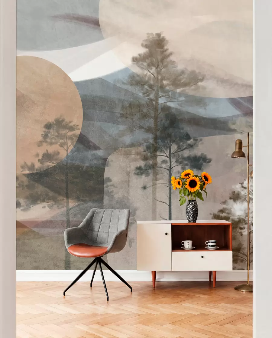 Fotobehang Hoge dennenbomen in een gedempt landschap met textuur, abstracte cirkelvormige vormen en gelaagde bergen in aardetinten. w09636