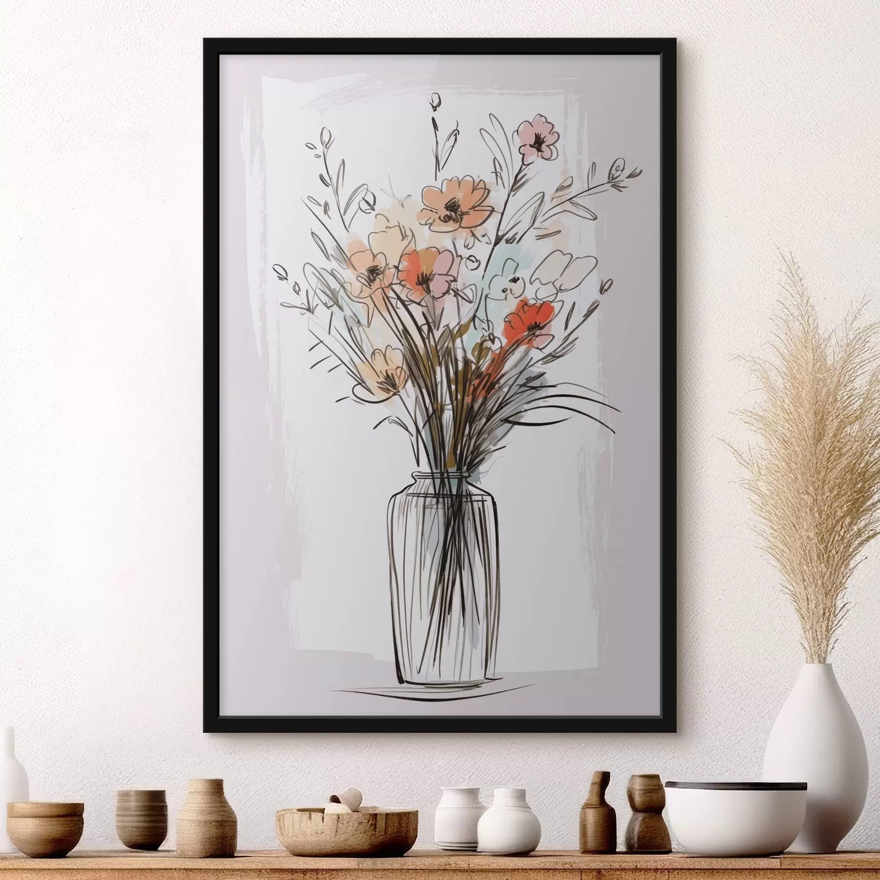 Papier peint photo Fleurs dans un vase imitation d'un dessin f47495