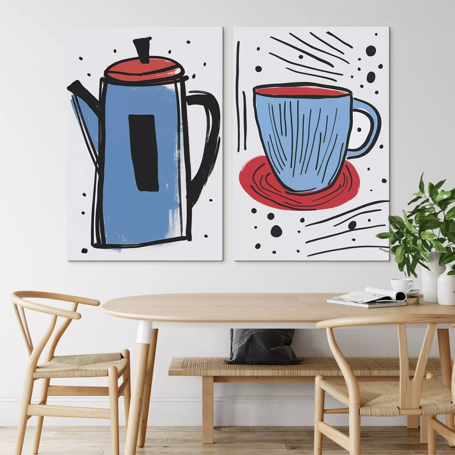  Peintures Cafetière et tasse imitant un dessin primitif m01225