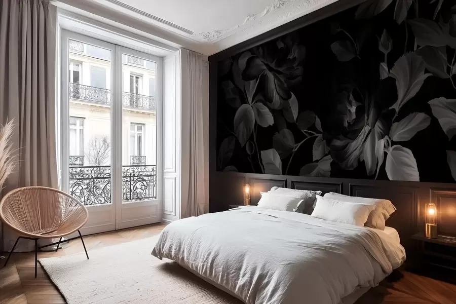 Papier peint photo roses pittoresques en noir et blanc dans le style de la peinture à l'huile w04873v1