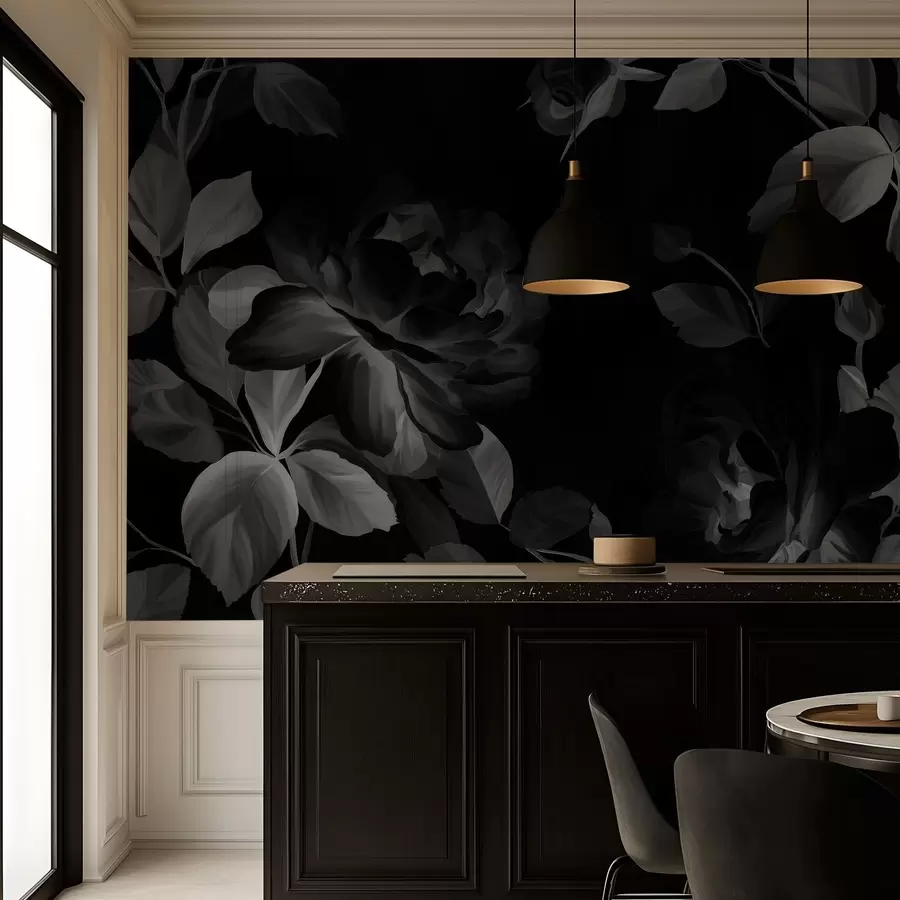 Papier peint photo roses pittoresques en noir et blanc dans le style de la peinture à l'huile w04873v1