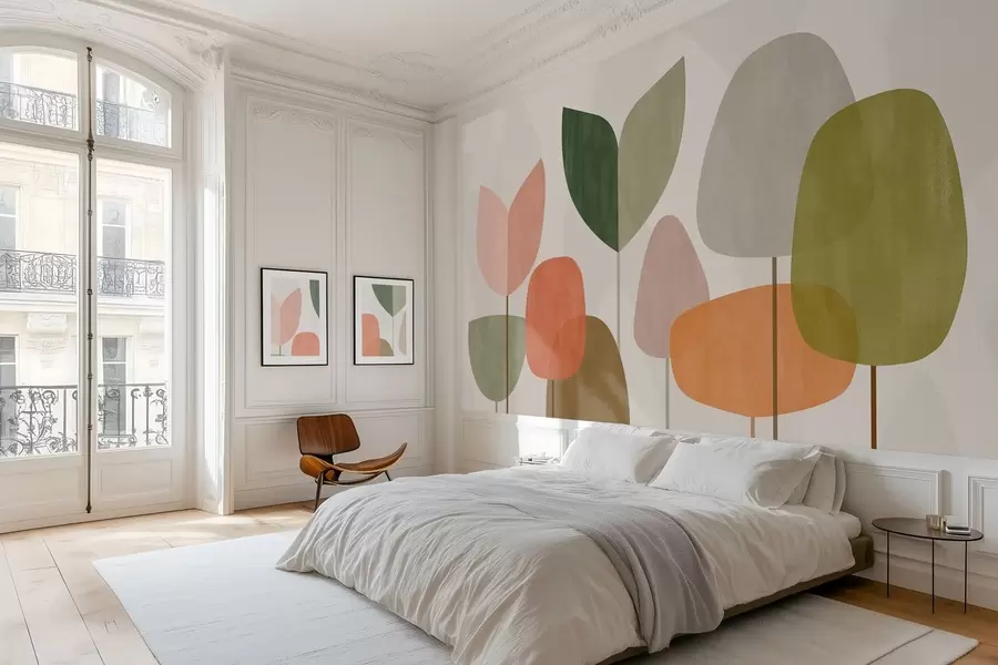 Papier peint photo arbres abstraits dans un style naïf w05059